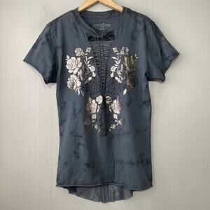 Affliction Tee Shirt Size XL Gray Distressed Floral Cross Y2K Graphic Tattoo Art